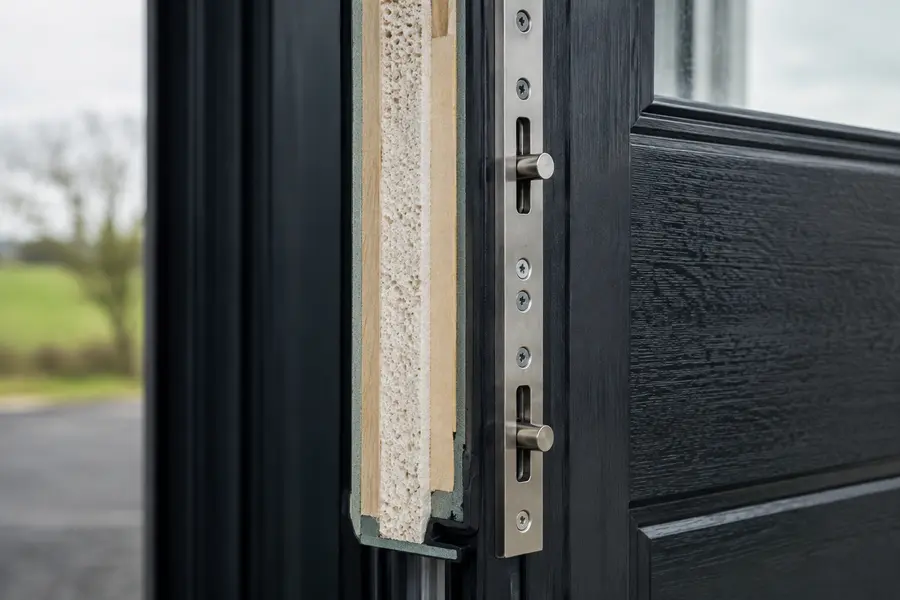 The edge of a composite front door showing the core and the locking