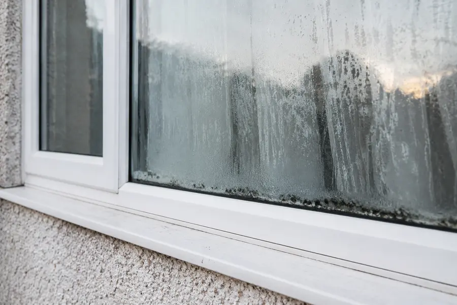 A misted double glazed unit with condensation trapped between the panes