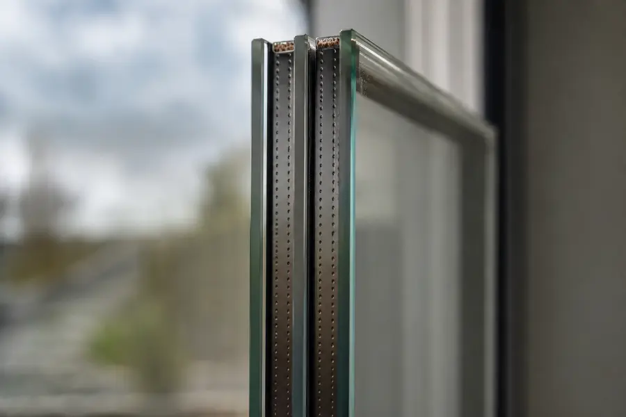 The edge of a sealed glazing unit showing the spacer between the panes