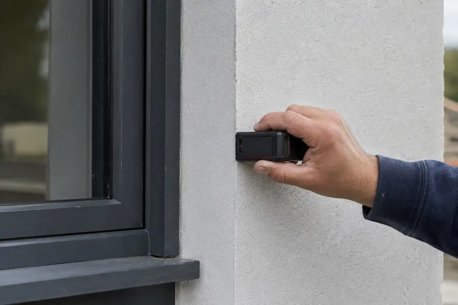 A window being measured against the reveal during a survey