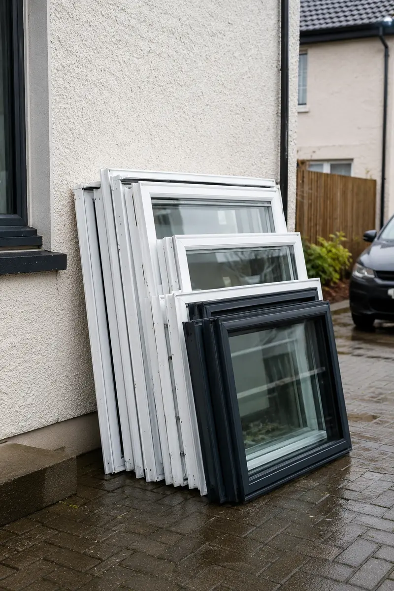 New window frames stacked against the wall of a house on a wet driveway