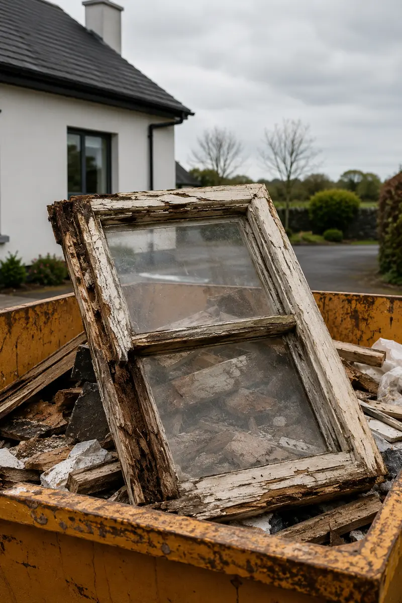 Old rotten timber window frames stacked in a skip
