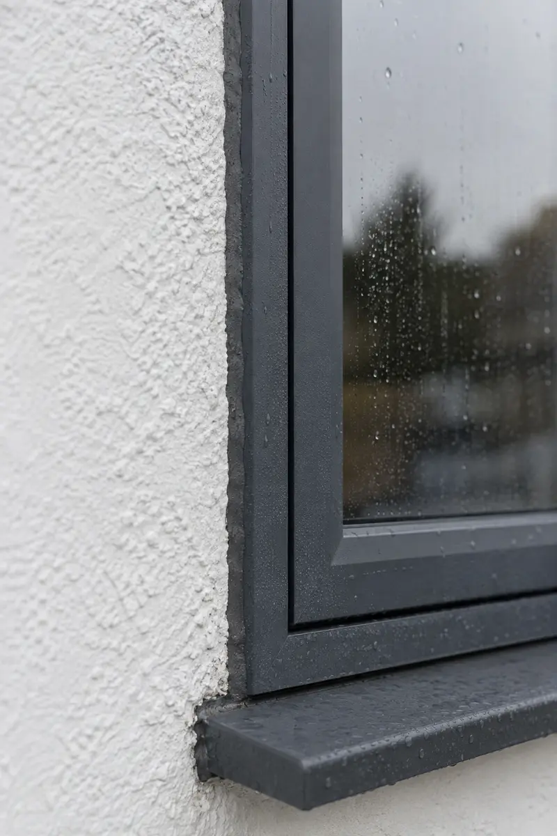 A new dark window frame meeting the rendered wall of a house